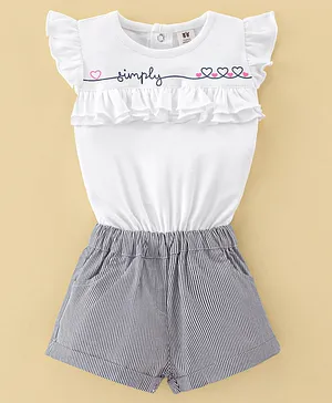 ToffyHouse Cotton Frill Sleeves Romper Text & Hearts Print - White