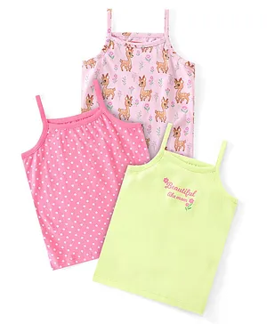 Babyhug 100% Cotton Knit Sleeveless Slips with Polka Dot Deer & Text Print Pack of 3 - Multicolour