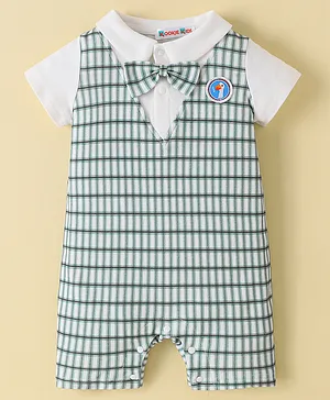 Kookie Kids Half Sleeves Romper With Bow Detailing & Duck Patch Checkered - Green & White