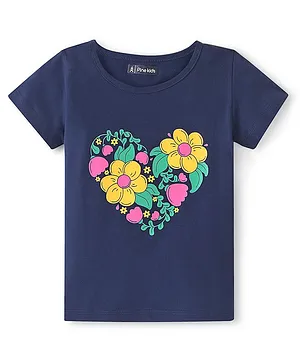 Pine Kids Cotton Knit Half Sleeves Floral Printed T-Shirt - Navy Peony