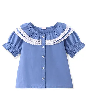 Babyhug 100% Cotton Woven Half Sleeves Top With Frill & Lace Detailing - Blue