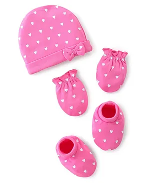 Babyhug 100% Cotton Cap Mittens And Booties Heart Printed - Pink