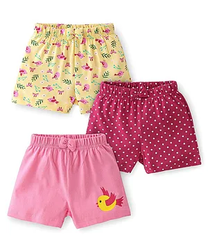 Babyhug Cotton Knit Shorts  Bird & Polka Dot Print with Bow Applique Pack of 3 - Multicolour