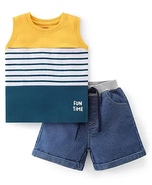 Babyhug 100% Cotton Knit Sleeveless T-Shirt & Shorts With Striped Text Print - Yellow & Blue