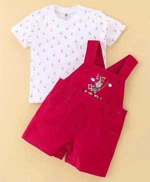 ToffyHouse Cotton Knit Dungaree with Teddy Embroidery &  Half Sleeves Anchor Print T-Shirt  - Red & White
