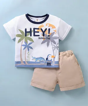ToffyHouse Cotton Knit Half Sleeves T-Shirt & Shorts Set Beach Theme - Khaki