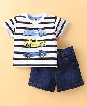 ToffyHouse Cotton Half Sleeves Striped T-Shirt & Shorts Set Car Print - Navy Blue