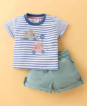 ToffyHouse Cotton Half Sleeves Striped T-Shirt & Shorts Set with Teddy Applique - Green & Blue