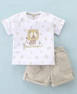 ToffyHouse Half Sleeves T-Shirt & Shorts With Lion Print - White & Beige