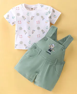 ToffyHouse Dungarees & Half Sleeves T-Shirt Set With Animals Print & Embroidery - White & Green