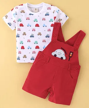ToffyHouse Dungaree & Half Sleeves T-Shirt Set With Car Print & Embroidery - White & Red