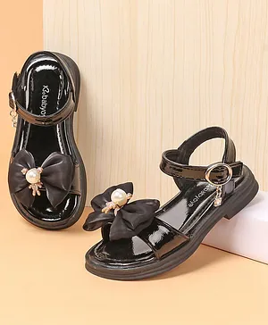 Babyoye Sandals with Buckle Closure & Bow Applique -   Black