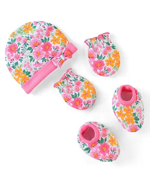 Babyhug 100% Cotton Knti Cap Mittens & Booties Set Floral Print with Bow Applique -Pink
