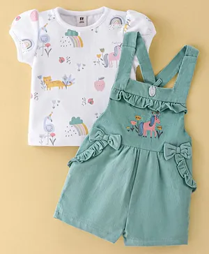 ToffyHouse Cotton Dungaree with Half Sleeves Unicorn Printed Inner T-Shirt - Green & White