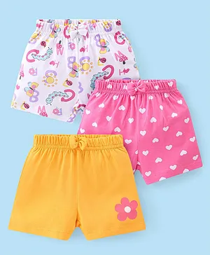 Babyhug Cotton Single Jersey Knit Shorts Butterfly & Heart Print Pack Of 3 - Pink White & Yellow