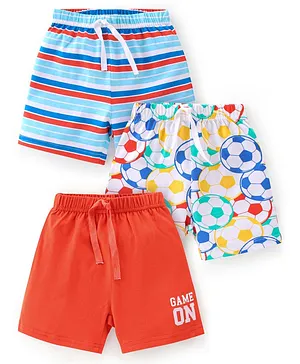 Babyhug Cotton Single Jersey Knit Shorts Stripes & Soccer Ball Print Pack Of 3 - Blue Red & White