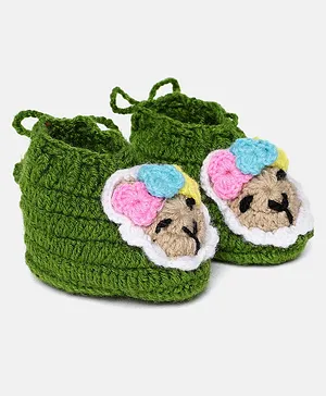MayRa Knits Hand Knitted Animal Detailed Woollen Booties -Green