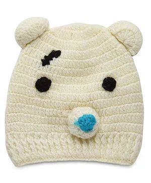 MayRa Knits Animal Face Applique Detailed Hand Knitted Woollen Cap - Cream