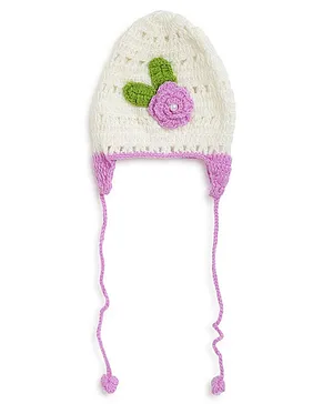 MayRa Knits Flower Embellished Hand Knitted Cap- Cream