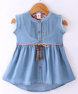 ToffyHouse Denim Woven Sleeveless Frock with Tie Knot Bow - Blue