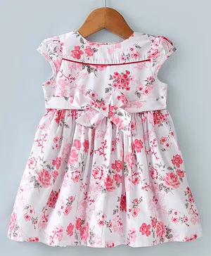 ToffyHouse Cap Sleeves Frock With Floral Print - White & Pink