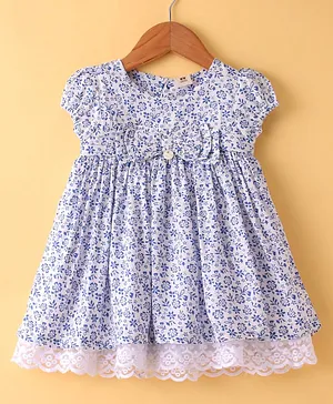 ToffyHouse Half Sleeves Frock With Floral Print - White & Blue