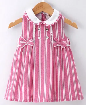 ToffyHouse Cotton Woven Sleeveless Striped Frock with Bow Applique - Red