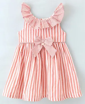 ToffyHouse Sleeveless Frock With Striped & Bow Applique - Orange