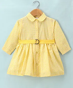 ToffyHouse Cotton Woven Full Sleeves Checkered Frock With Belt Print - Yellow