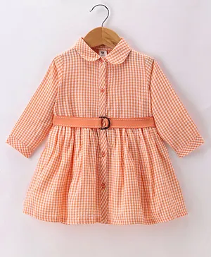 ToffyHouse Cotton Woven Full Sleeves Checkered Frock With Belt Print - Orange