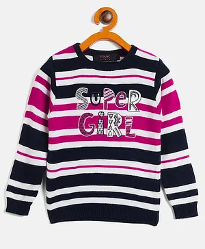 RVK Full Sleeves Striped Pattern & Super Girl Text Embroidered Cotton Pullover Sweater - Navy Blue