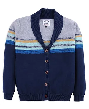 RVK Full Sleeves Colour Block Detailed  Shawl Collar Cotton Cardigan - Navy Blue