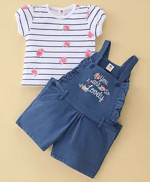 ToffyHouse Cotton Dungaree with Half Sleeves Floral Printed Inner T-Shirt - Navy Blue & White