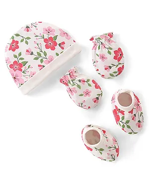 Babyhug 100% Cotton Knit Cap Mittens & Booties Set Floral  Print- White