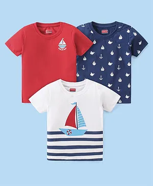 Babyhug 100% Cotton Knit Half Sleeves T-Shirt With Boat Graphics Pack Of 3 - Red & White
