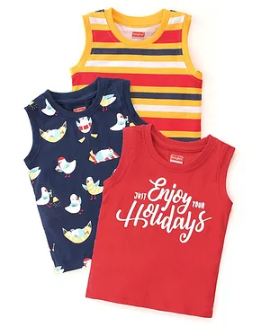 Babyhug 100% Cotton Knit Sleeveless T-Shirt With Stripe & Text Graphics Pack Of 3 - Multicolour