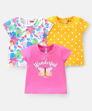 Babyhug 100% Cotton Knit Half Sleeves Top with Floral Graphics Pack of 3 - Multicolor