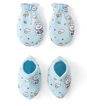 Babyhug 100% Cotton Knit Mittens & Booties Set Bunny Print - Blue