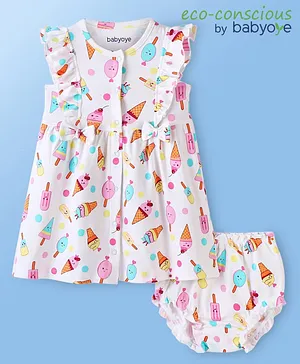 Babyoye Eco Conscious Cotton  Frill Sleeves Frocks with Bloomer Ice Cream Print- Bright White
