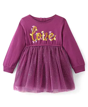 Babyhug Cotton Jersey Full Sleeves Frock With Glitter Love Print - Purple