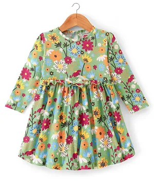 Babyhug Cotton Jersey Knit Full Sleeves Frock Floral Print - Olive Green