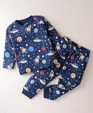 Babyhug Single Jersey Knit  Full Sleeves Night Suit Space Theme Print - Navy Blue