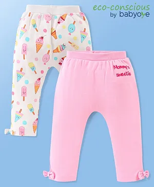 Babyoye Eco-Conscious Cotton Full Length Diaper Leggings Ice Cream Print Pack of 2 - Pink & White