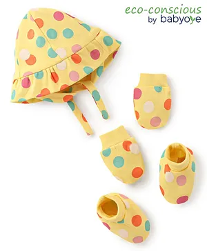 Babyoye Eco Conscious Cotton Cap Mitten & Booties Set with Polka Dot Print - Yellow