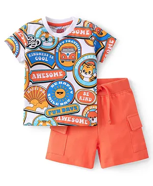 Babyhug 100% Cotton Knit Half Sleeves T-Shirt & Shorts With Text Print - White & Orange