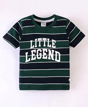 Simply Sinker Knit Half Sleeves Striped T-Shirt with Text Print - Green