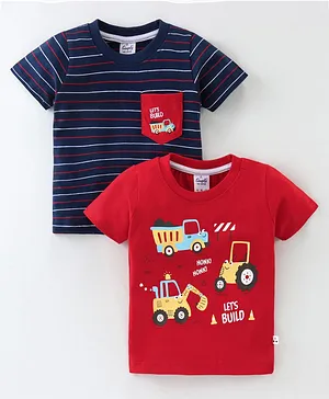 Simply Sinker Cotton Knit Half Sleeves Truck Printed T-Shirt Pack Of 2 -Red & Navy Blue
