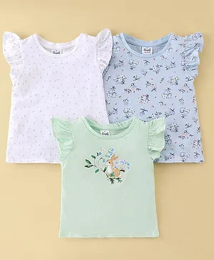 Simply Sinker Frill Sleeves T-Shirts Floral & Bunny Print Pack of 3 - White Green & Blue