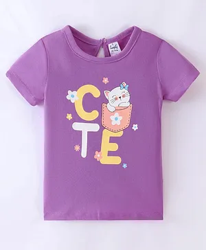 Simply Sinker Cotton Knit Half Sleeves Text & Kitten Printed T-Shirt -Purple