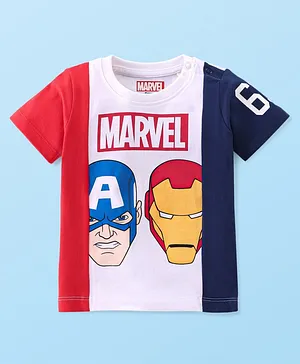 Babyhug Marvel 100% Cotton Knit Half Sleeves T-Shirt With Avengers Graphics -Red White & Blue